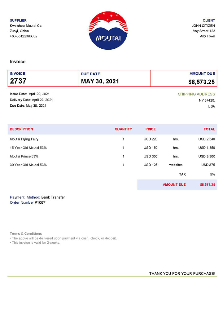 USA Moutai invoice template PSD template